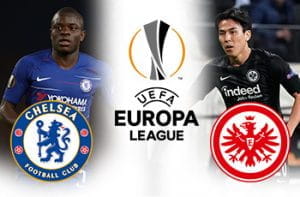 Ngolo Kante con lo stemma del Chelsea, Makoto Hasebe con lo stemma dell'Eintracht Francoforte e il logo dell'Europa League