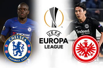 Ngolo Kante con lo stemma del Chelsea, Makoto Hasebe con lo stemma dell'Eintracht Francoforte e il logo dell'Europa League