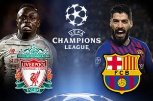 Sadio Mané e lo stemma del Liverpool, Luis Suarez e lo stemma del Barcellona e il logo della Champions League