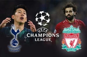 Son Heung-Min e lo stemma del Tottenham, Mohamed Salah e lo stemma del Liverpool e il logo della Champions League
