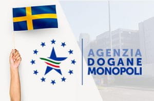 Il logo dell'Agenzia Dogane e Monopoli e la bandiera della Svezia