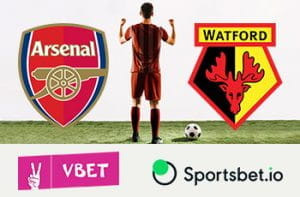 I loghi delle squadre di Premier League di Arsenal e Watford, I loghi dei bookmaker Sportsbet.io e VBet, un calciatore generico che esulta