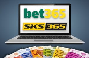 Un laptop, i loghi di bet365 e SKS365, delle banconote in euro di diversi tagli