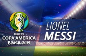 Uno stadio di calcio, il logo della Coppa America 2019 e la scritta Lionel Messi
