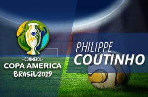 Uno stadio di calcio, il logo della Coppa America 2019 e la scritta Philippe Coutinho