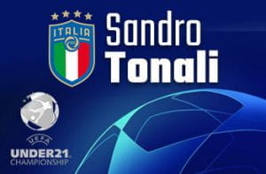 Il logo della Nazionale italiana, quello dell'Europeo Under 21 e la scritta Sandro Tonali