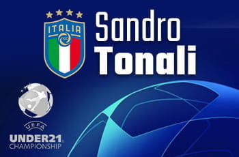 Il logo della Nazionale italiana, quello dell'Europeo Under 21 e la scritta Sandro Tonali