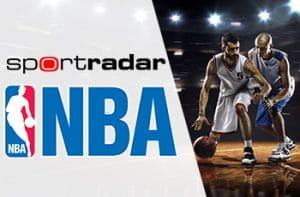 Il logo NBA, il logo Sportradar, alcuni giocatori di basket generici