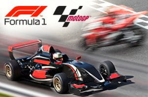 Il logo della Formula 1, il logo della MotoGP, un’auto da corsa, una moto da corsa