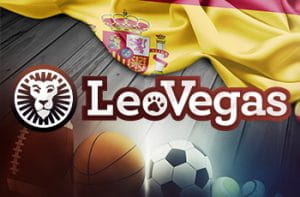 Palloni sportivi, il logo di LeoVegas e la bandiera della Spagna