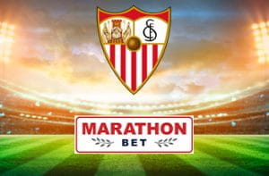 Il logo del Siviglia FC, il logo di Marathon Bet, uno stadio di calcio in sottofondo