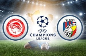 Il logo dell’Olympiacos Pireo, il logo della Champions League, Il logo del Viktoria Plzen