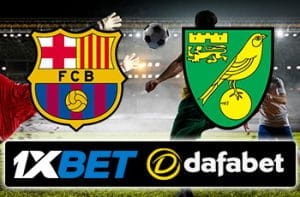 I loghi di Barcellona, 1XBet, Norwich e Dafabet e un calciatore