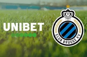 Il logo del Club Bruges, il logo di Unibet, uno stadio di calcio in sottofondo