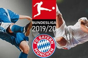 Calciatori in azione, il logo della Bundesliga e quello del Bayern Monaco e la scritta 2019/20