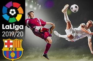 Giocatori di calcio in azione, il logo della Liga e quello del Barcellona e la scritta 2019/20