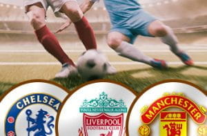 Calciatori in azione e i loghi di Chelsea, Liverpool e Manchester United