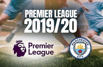 Un calciatore, i loghi della Premier League e del Manchester City e la scritta Premier League 2019/20