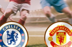 Il logo del Manchester United, il logo del Chelsea, dei calciatori generici sullo sfondo