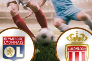 Il logo del Monaco, il logo dell’Olympique Lione, dei calciatori generici sullo sfondo
