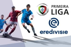Giocatori di calcio in azione e i loghi della Primeira Liga portoghese e dell'Eredivisie olandese