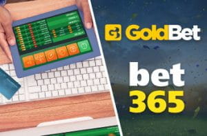 Un laptop con la schermata di un sito scommesse online e i loghi di GoldBet e bet365
