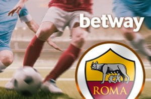 Il logo di betway, il logo di AS Roma, dei calciatori generici in azione sullo sfondo