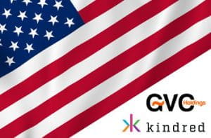 La bandiera degli Stati Uniti, il logo di GVC Holdings e il logo di Kindred