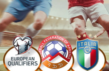 Il logo delle qualificazioni agli Europei di calcio, il logo della Federazione calcistica dell’Armenia, il logo della Nazionale di calcio dell’Italia, sullo sfondo dei calciatori generici