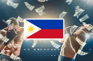 La bandiera delle Filippine, sullo sfondo dei pugili generici in combattimento e delle banconote