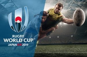 Il logo della Coppa del Mondo di rugby Giappone 2019 e dei rugbisti generici in azione