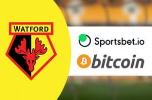 La bandiera del Regno Unito e i loghi di Watford FC, sportsbet.io, bitcoin
