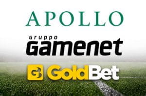 Il logo del fondo di investimento Apollo, il logo del gruppo Gamenet, il logo di GoldBet e un campo da calcio