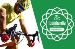 Un ciclista generico in azione e il logo del Giro di Lombardia