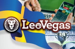 La bandiera svedese, il logo di LeoVegas, uno smartphone connesso ad un sito di scommesse