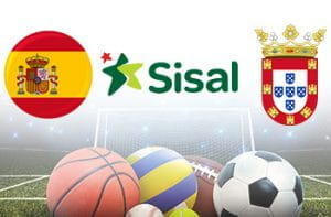 La bandiera spagnola, il logo di Sisal, il logo di Ceuta e palle di diversi sport