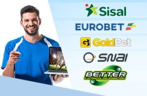 Un uomo con un laptop in mano, i loghi dei bookmaker Sisal, Eurobet, GoldBet, SNAI, Better