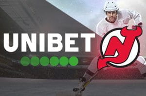 Il logo di Unibet, il logo dei New Jersey Devils, un giocatore di hockey su ghiaccio generico