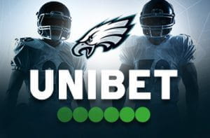 Il logo dei Philadelphia Eagles, il logo di Unibet, sullo sfondo due giocatori di football americano generici