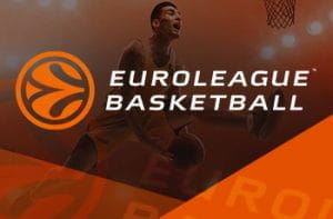 Un giocatore di basket in azione e il logo della Euroleague