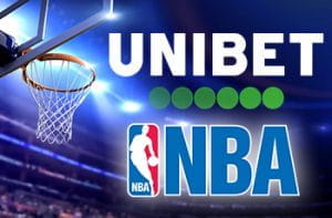 Il logo di Unibet, il logo della NBA, un canestro da basket