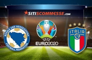 Il logo della nazionale della Bosnia, il logo di Euro 2020 e il logo della nazionale dell’Italia