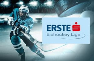 Un giocatore di hockey su ghiaccio generico e il logo della EBEL.