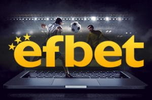 Il logo del bookmaker Efbet, sullo sfondo uno stadio di calcio