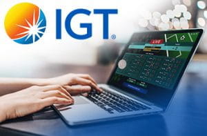 Il logo del Gruppo IGT, un laptop connesso ad un sito scommesse