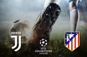 Un calciatore al tiro e i loghi di Juventus, Atletico Madrid e Champions League