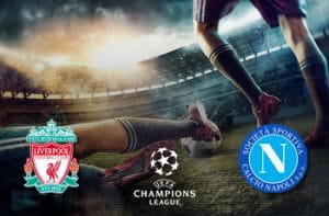 Calciatori in azione e i loghi di Liverpool, Napoli e Champions League