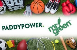 Palloni da basket e rugby, attrezzi da tennis e altri sport, e i loghi di Paddy Power e Mr. Green