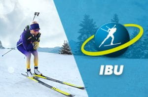 Il logo della Coppa del mondo di biathlon IBU e un biathleta in azione