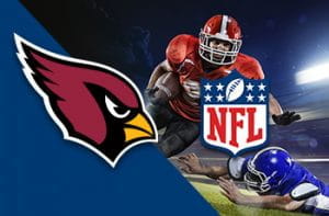 Un giocatore di football americano in azione e i loghi della NFL e degli Arizona Cardinals